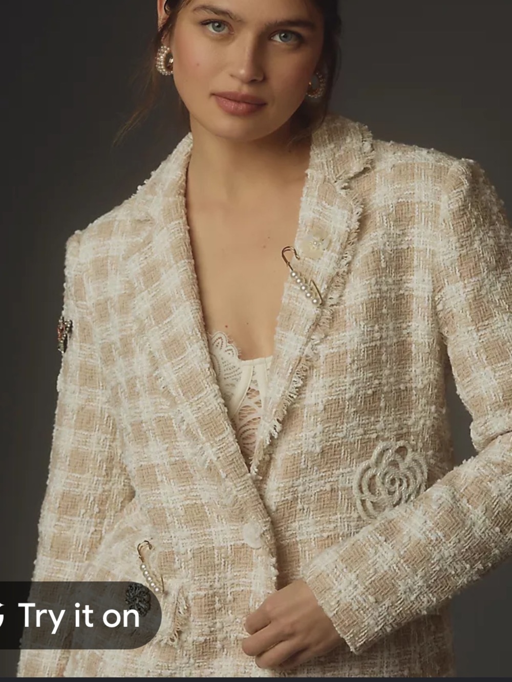 Anthropologie Beige & Cream Tweed Appliqué Blazer